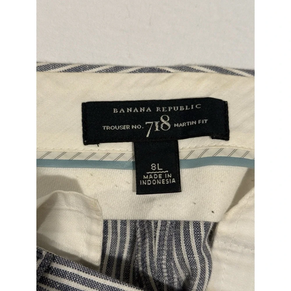 Banana Republic Trouser No. 718 Martin Fit Pants Women Size 8L Blue White Linen